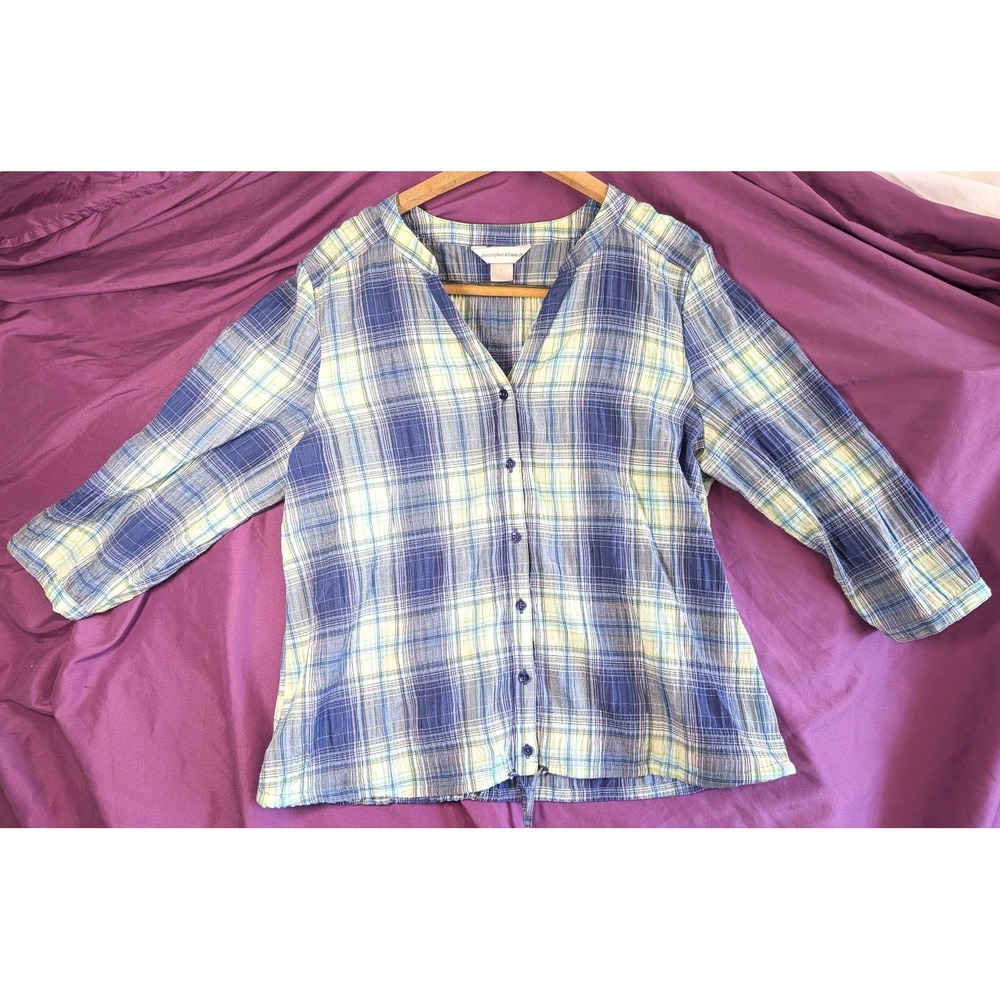 Christopher & Banks Blue Green Plaid 3/4 Sleeve Button-Up Shirt Sz M Tie Waist